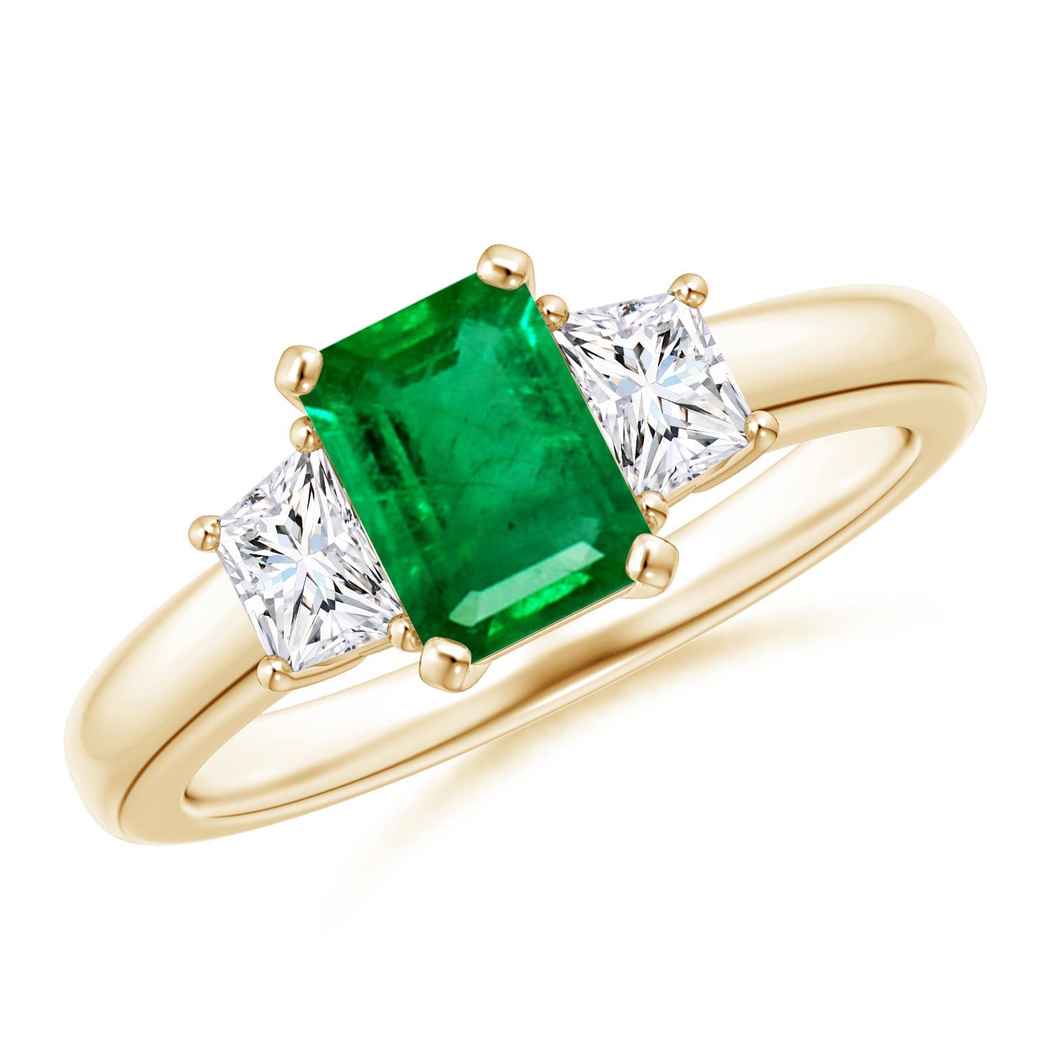 Emerald-Cut Emerald and Trapezoid Diamond Three Stone Engagement Ring