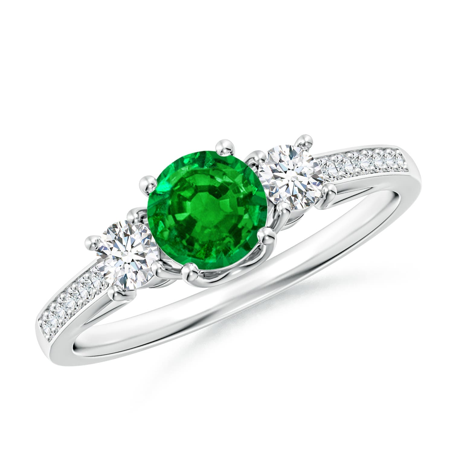 Classic Prong Set Round Emerald and Diamond Three Stone Engagement Ring