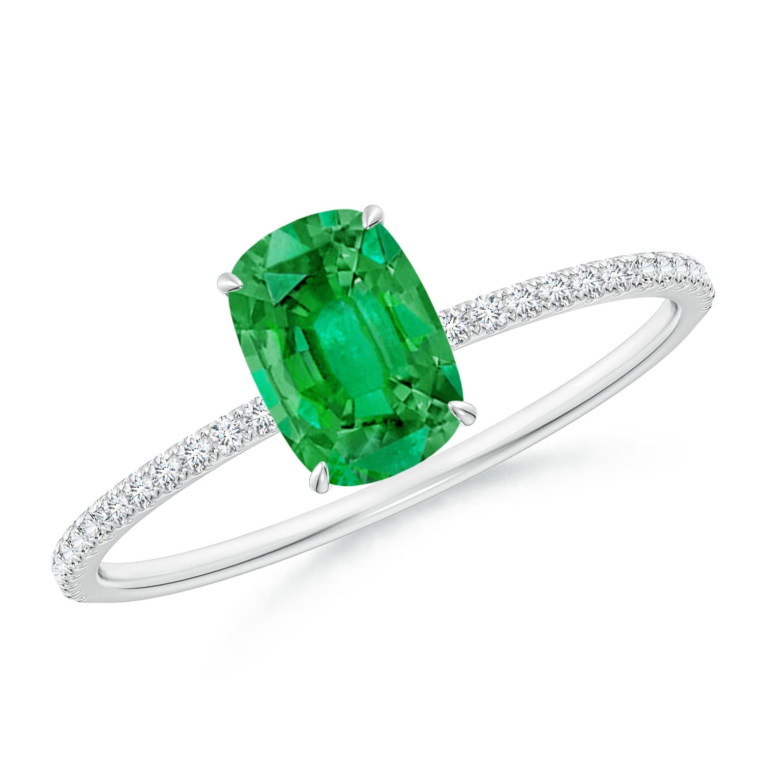 Thin Shank Cushion Emerald Engagement Ring with Diamond Accents