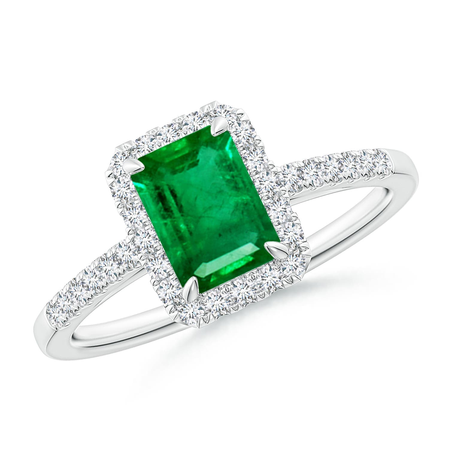 Emerald-Cut Emerald Engagement Ring with Diamond Halo