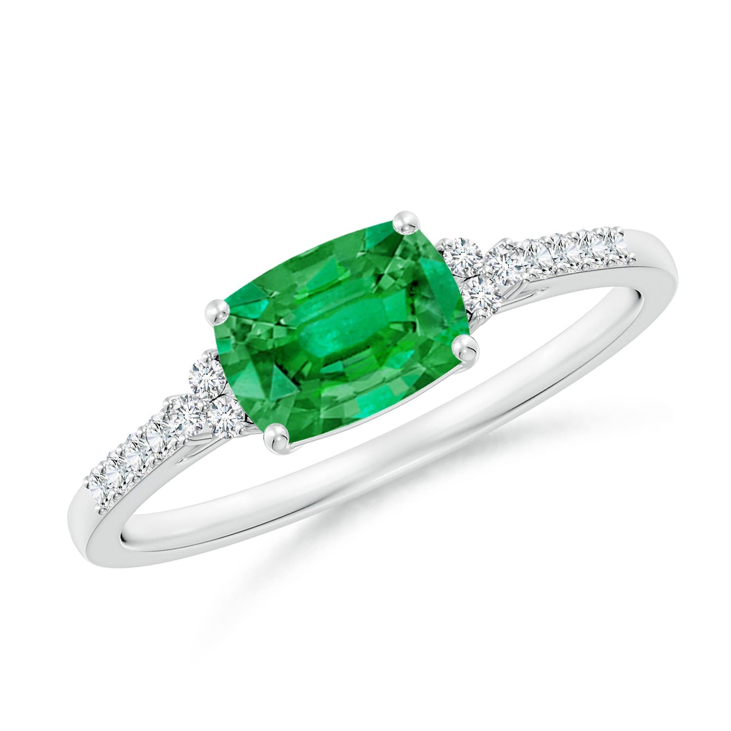East-West Cushion Rectangular Emerald Side Stone Engagement Ring