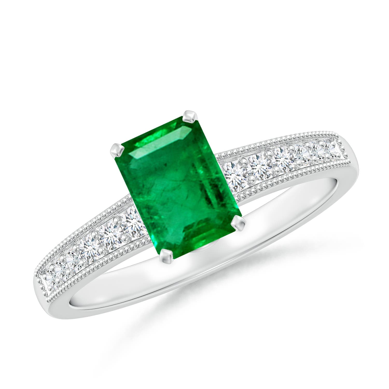 Vintage Style Emerald-Cut Emerald Engagement Ring with Accents
