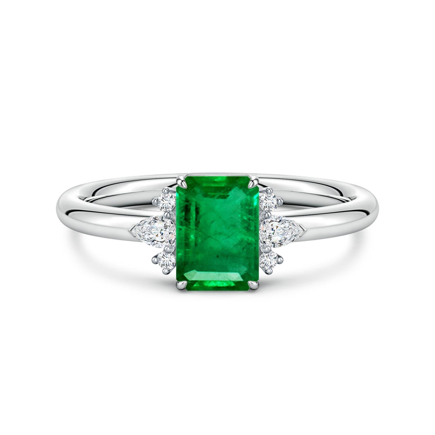 Four-Claw Prong Emerald-Cut Emerald Side Stone Engagement Ring