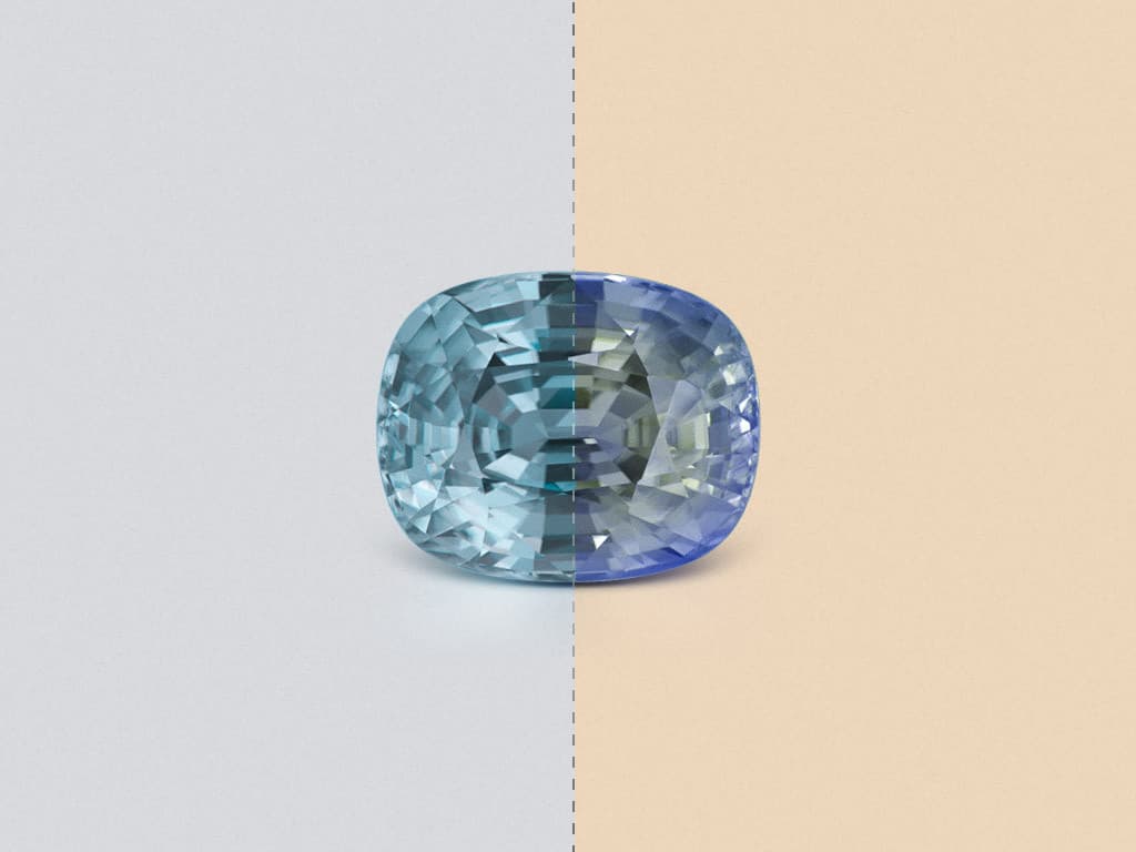 Unique Color-Change Violet to Green Vibrant zircon in cushion cut 15.20 carats, Burma ID 10794