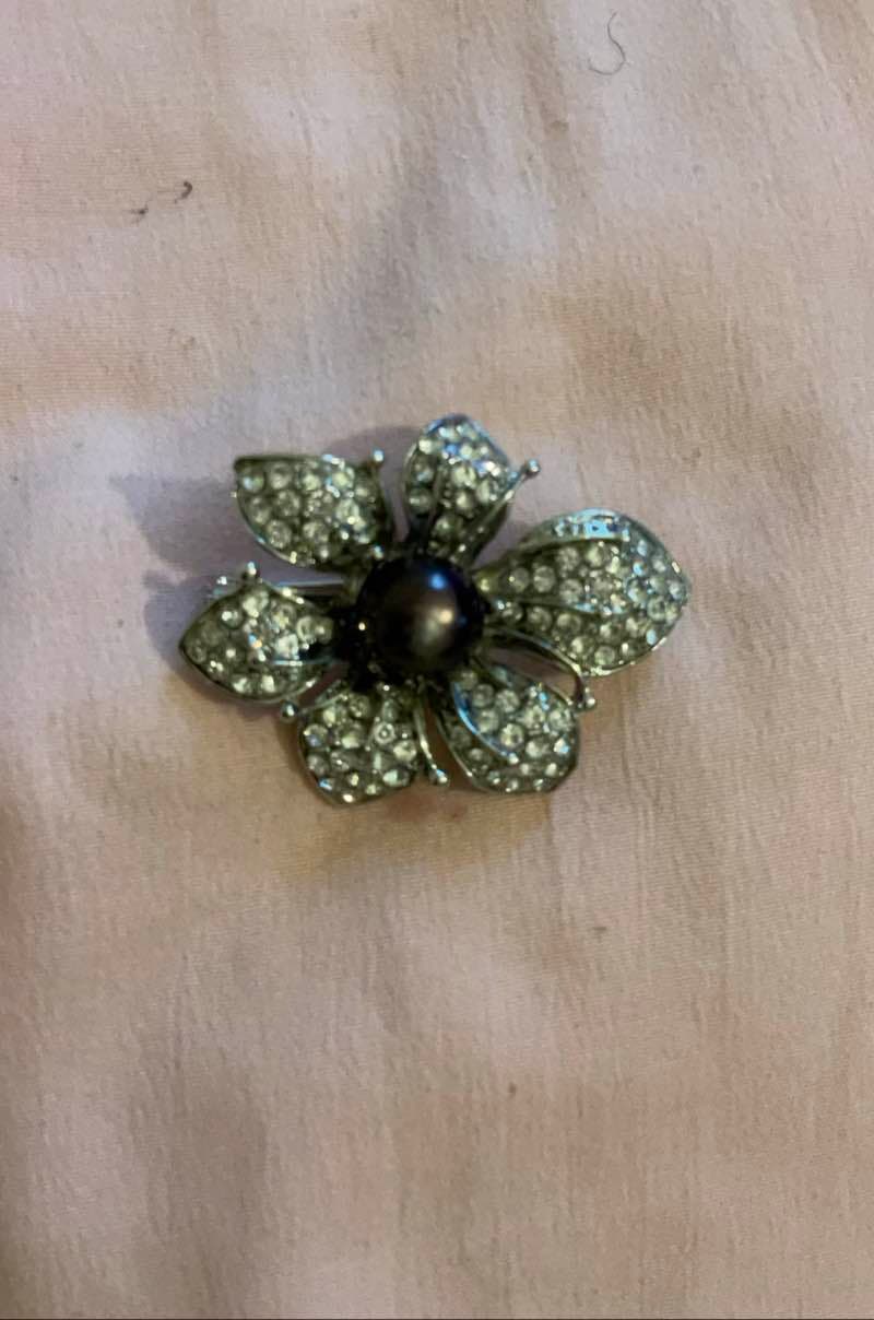 Flower Brooch with Black Pearl and Clear Stones