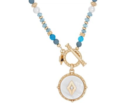 Mother-of-Pearl, Turquoise Simulant, Pearl Simulant & Crystal Matte Gold Tone Beaded 36" Necklace