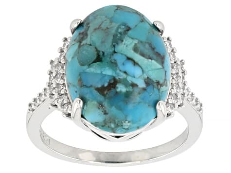 Composite Turquoise and White Cubic Zirconia Rhodium Plated Ring 0.39ctw