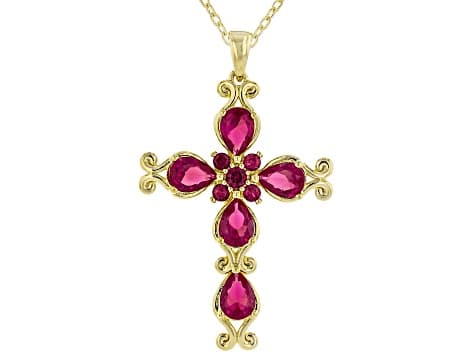 Lab Created Ruby 18k Yellow Gold Over Brass Cross Pendant With Chain 3.93ctw