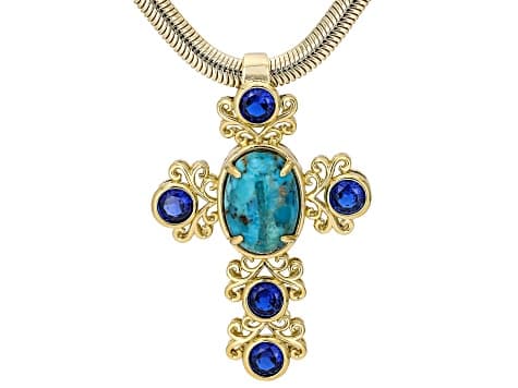 Blue Composite Turquoise 18K Yellow Gold Plated Cross Pendant With Chain
