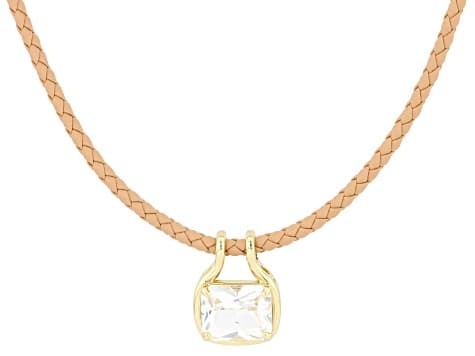 White Lab Created Sapphire 18K Yellow Gold Plated Solitaire Pendant/Brown Leather Cord 6.12ctw