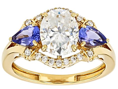 Moissanite And Tanzanite 14k Yellow Gold Over Sterling Silver Ring 2.32ctw DEW