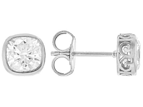 Square Cushion Moissanite Platineve Stud Earrings 2.10ctw DEW.