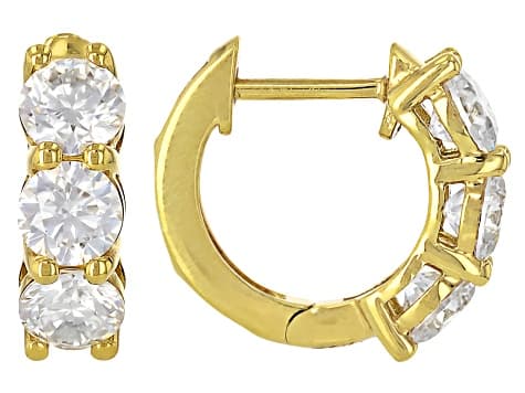 Moissanite 14k Yellow Gold Over Silver Three Stone Hoop Earrings 1.50ctw DEW