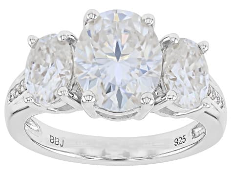 Moissanite Platineve Three Stone Ring 4.90ctw DEW.