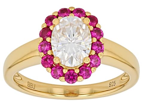 Moissanite with Lab Created Ruby 14k Yellow Gold Over Sterling Silver Halo Ring 1.50ct
