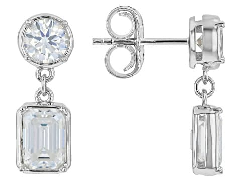 Emerald Cut And Round Moissanite Platineve Drop Earrings 3.02ctw DEW