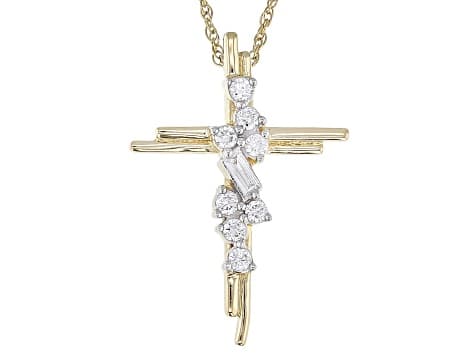 White Lab-Grown Diamond F-G SI 14k Yellow Gold Over Sterling Silver Cross Pendant With Chain 0.19ctw