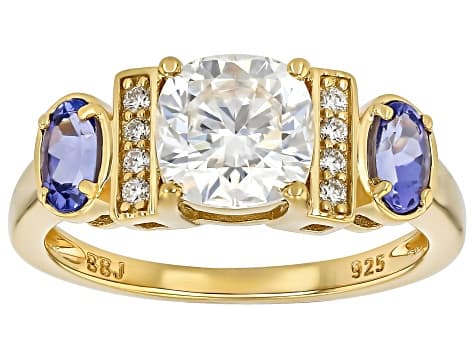 Moissanite And Tanzanite 14k Yellow Gold Over Sterling Silver Ring 1.78ctw DEW