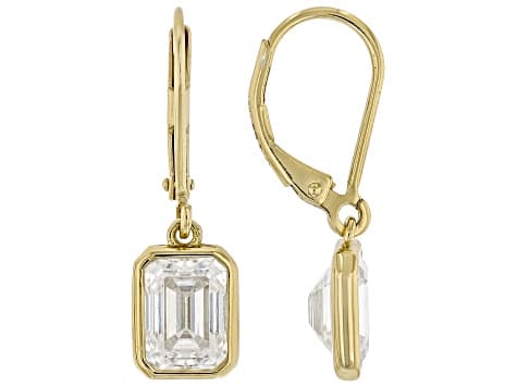 Emerald Cut Moissanite 14k Yellow Gold Over Silver Solitaire Earrings 3.50ctw DEW.