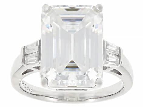 Emerald Cut and Baguette Moissanite Platineve Ring 10.24ctw DEW.