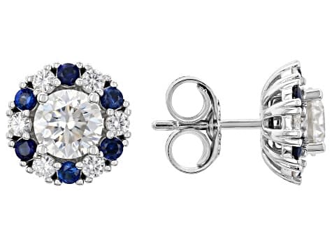 Moissanite And Blue Lab Created Sapphire Platineve Earrings With Jacket 1.96ctw DEW