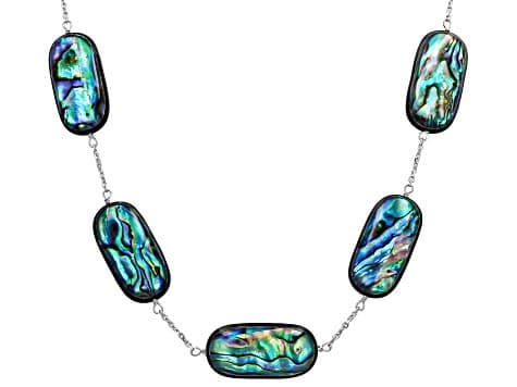 Triplet Bead Abalone Shell Rhodium Over Sterling Silver Station Necklace 30x15mm