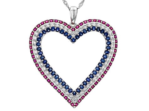Blue Lab Created Sapphire Rhodium Over Sterling Silver Heart Pendant With Chain 5.08ctw