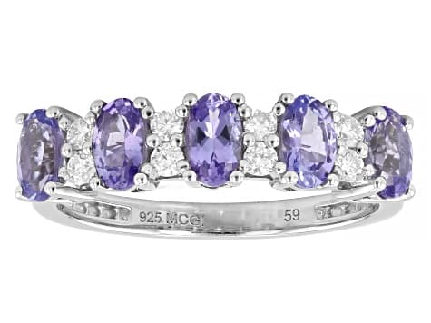 Blue Tanzanite With White Moissanite Platinum Over Sterling Silver Band Ring 1.23ctw