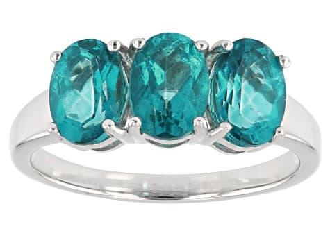Blue Paraiba Color Topaz Rhodium Over Sterling Silver 3 Stone Ring 2.29ctw
