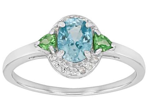 Blue Zircon with Mint Tsavorite and White Zircon Rhodium Over Sterling Silver Ring 1.43ctw