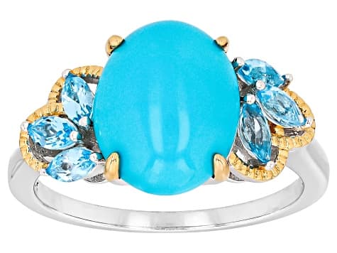 Blue Sleeping Beauty Turquoise Rhodium & 18K Yellow Gold Over Silver Ring 0.45ctw