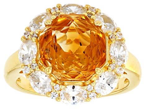 Rose Cut Yellow Citrine With White Zircon 18K Yellow Gold Over Sterling Silver Ring 5.73ctw