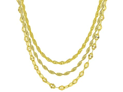 18k Yellow Gold Over Bronze Herringbone Mirror Rope Link Chain Set Of 3