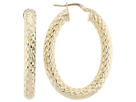 18k Yellow Gold Over Bronze Diamond Cut Oval Hoop Earrings