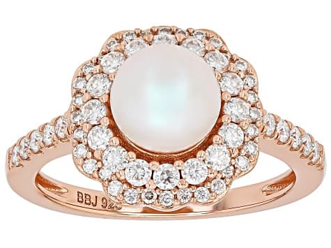 White Cultured Japanese Akoya Pearl With Moissanite Fireยฎ 18k Rose Gold Over Sterling Silver Ring