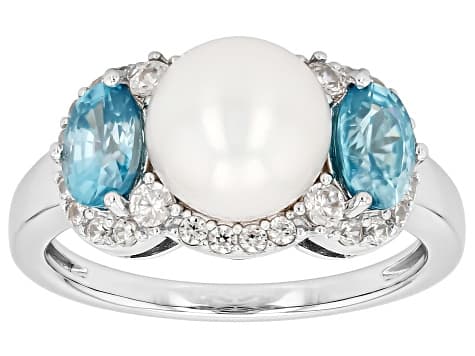 White Cultured Freshwater Pearl With Blue and White Zircon Rhodium Over Sterling Silver Ring