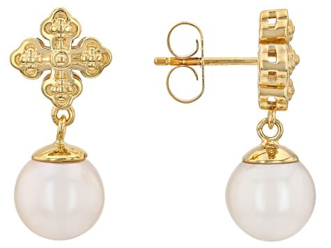 White Cultured Freshwater Pearl 18K Yellow Gold Over Sterling Silver Earrings