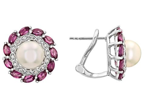 White Cultured Freshwater Pearl, Rhodolite, and Zircon Rhodium Over Sterling Silver Earrings