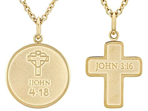 14K Yellow Gold Over Stainless Steel 1 John 4:18 & John 3:16 Bible Verse Pendant with Chain Set of 2