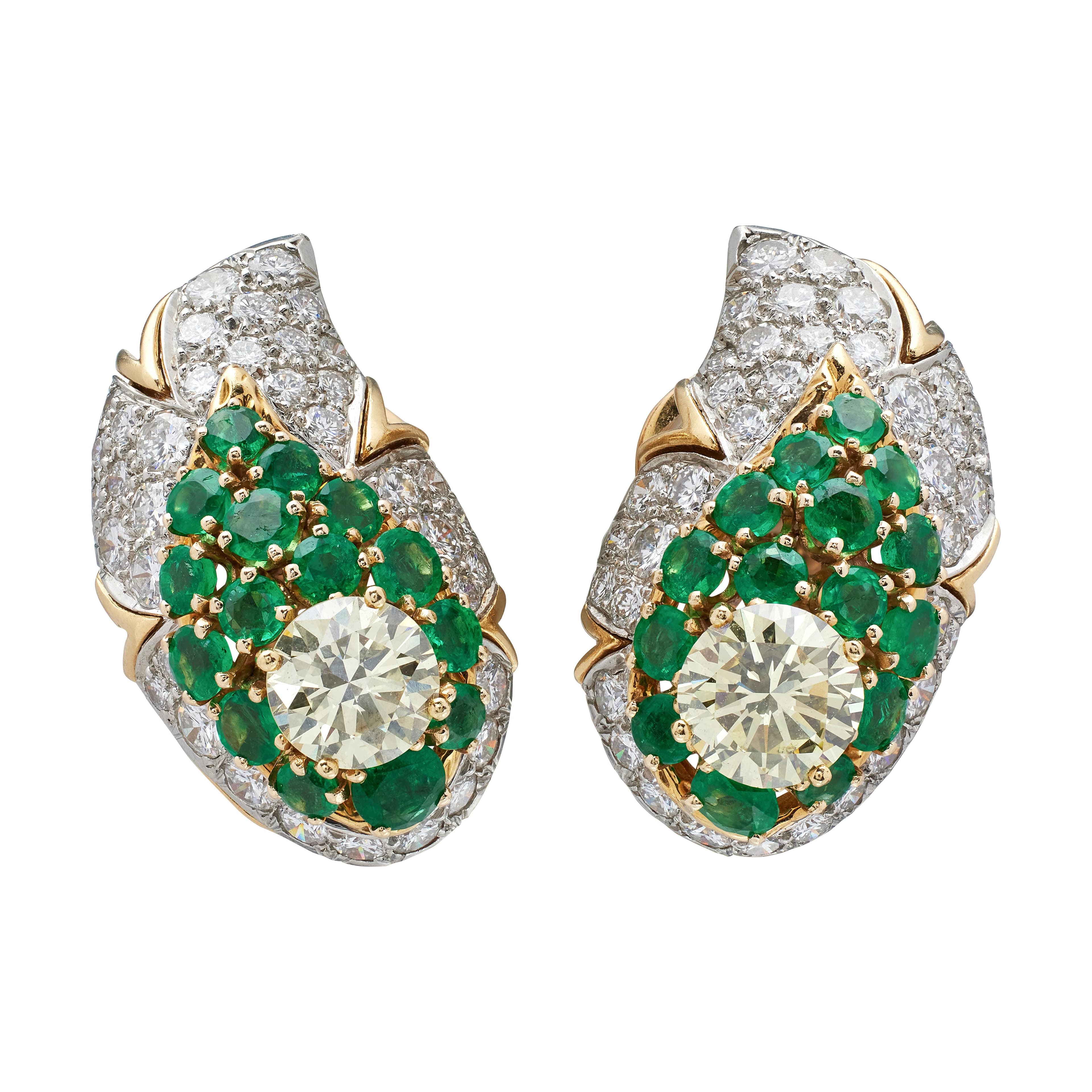 Vintage Gold, Platinum, Emerald and Diamond Earclips