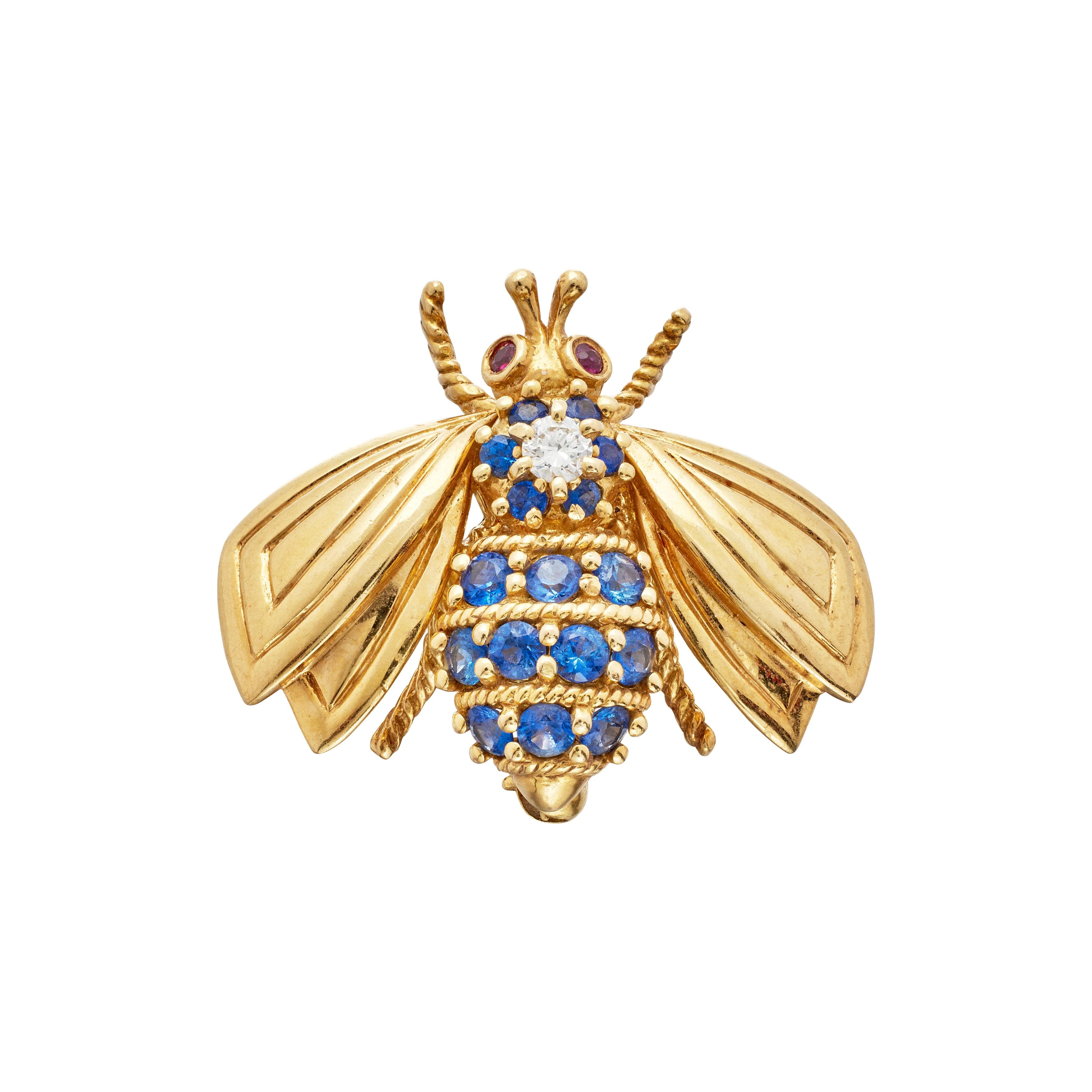 Vintage Gold, Sapphire, Diamond and Ruby Bee Brooch