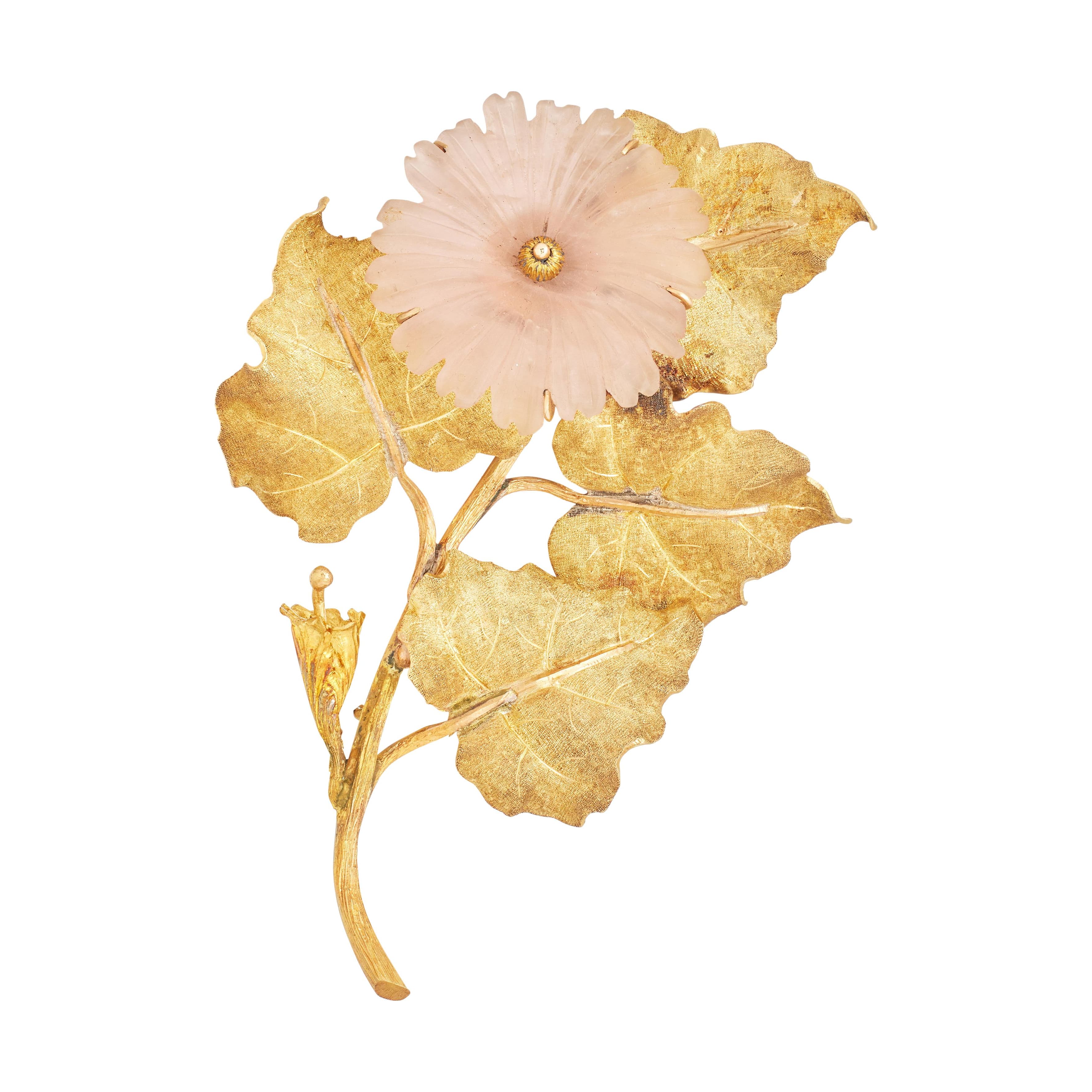 Vintage Gold and Rose Quartz Flower Brooch