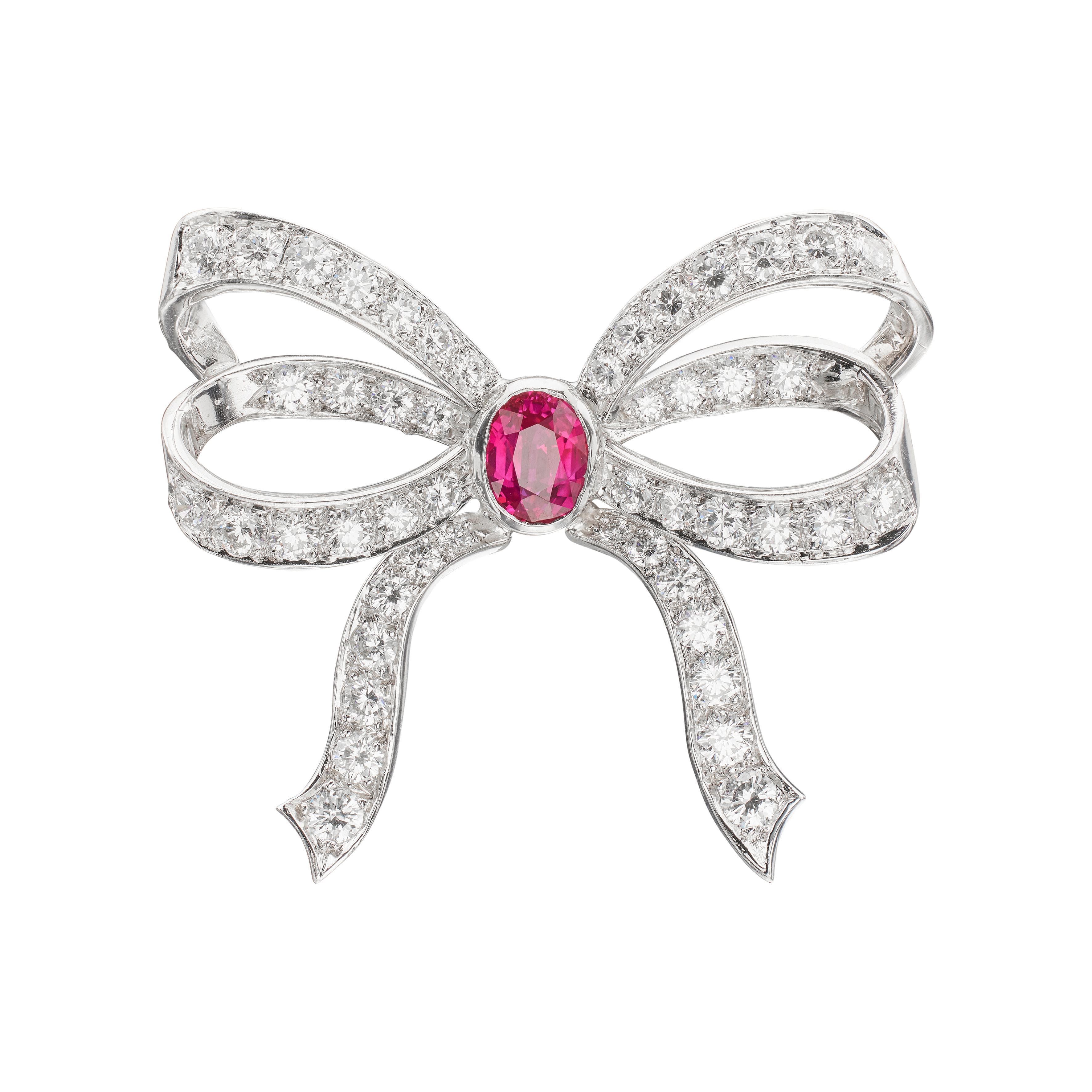 Platinum, 1.25ct Burmese Ruby and Diamond Bow Brooch