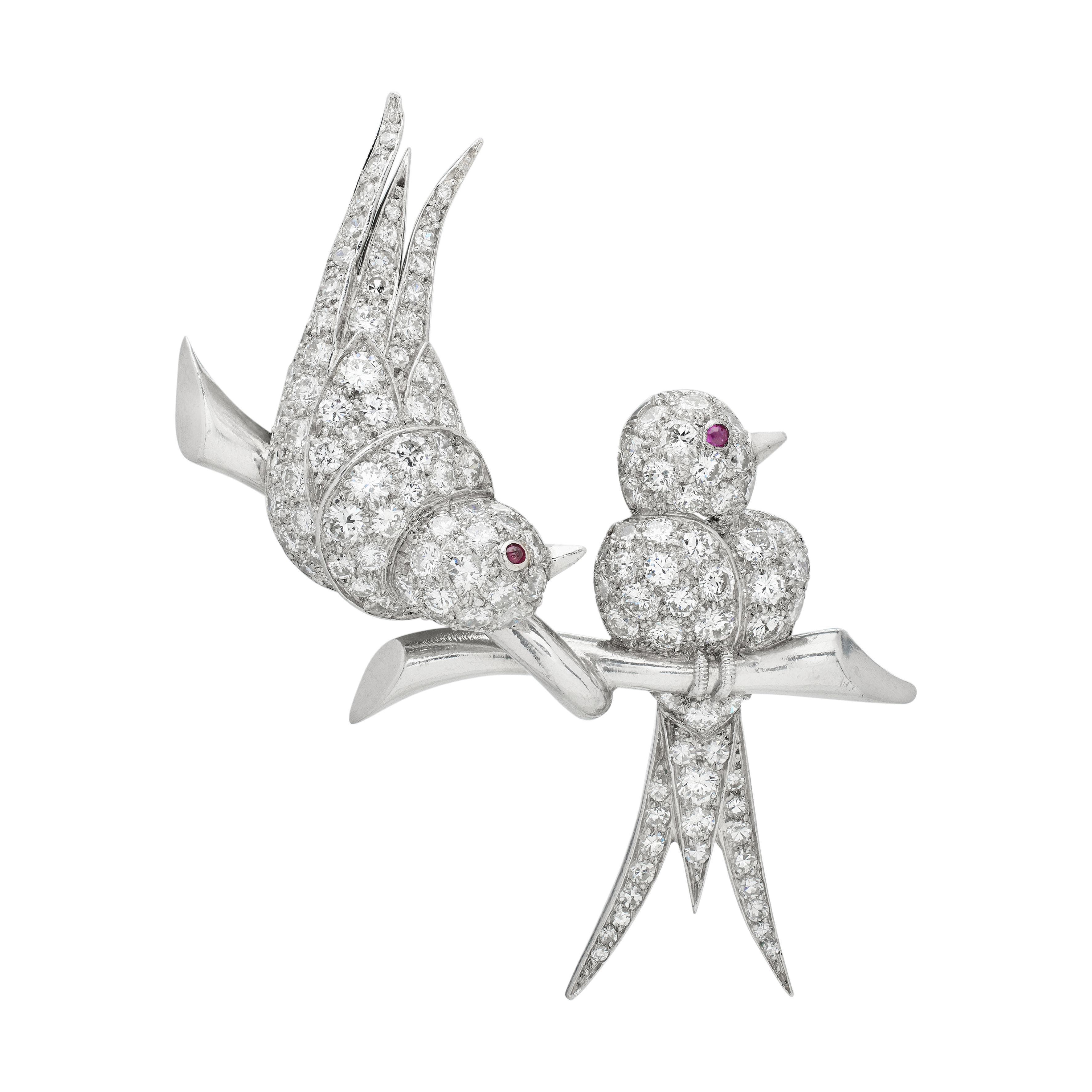 Vintage Platinum, Ruby and Diamond Love Bird Brooch