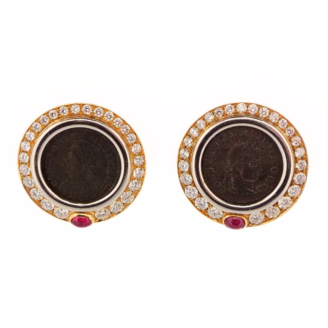 Vintage Gold, Ruby, Diamond and Ancient Coin Monete Earclips