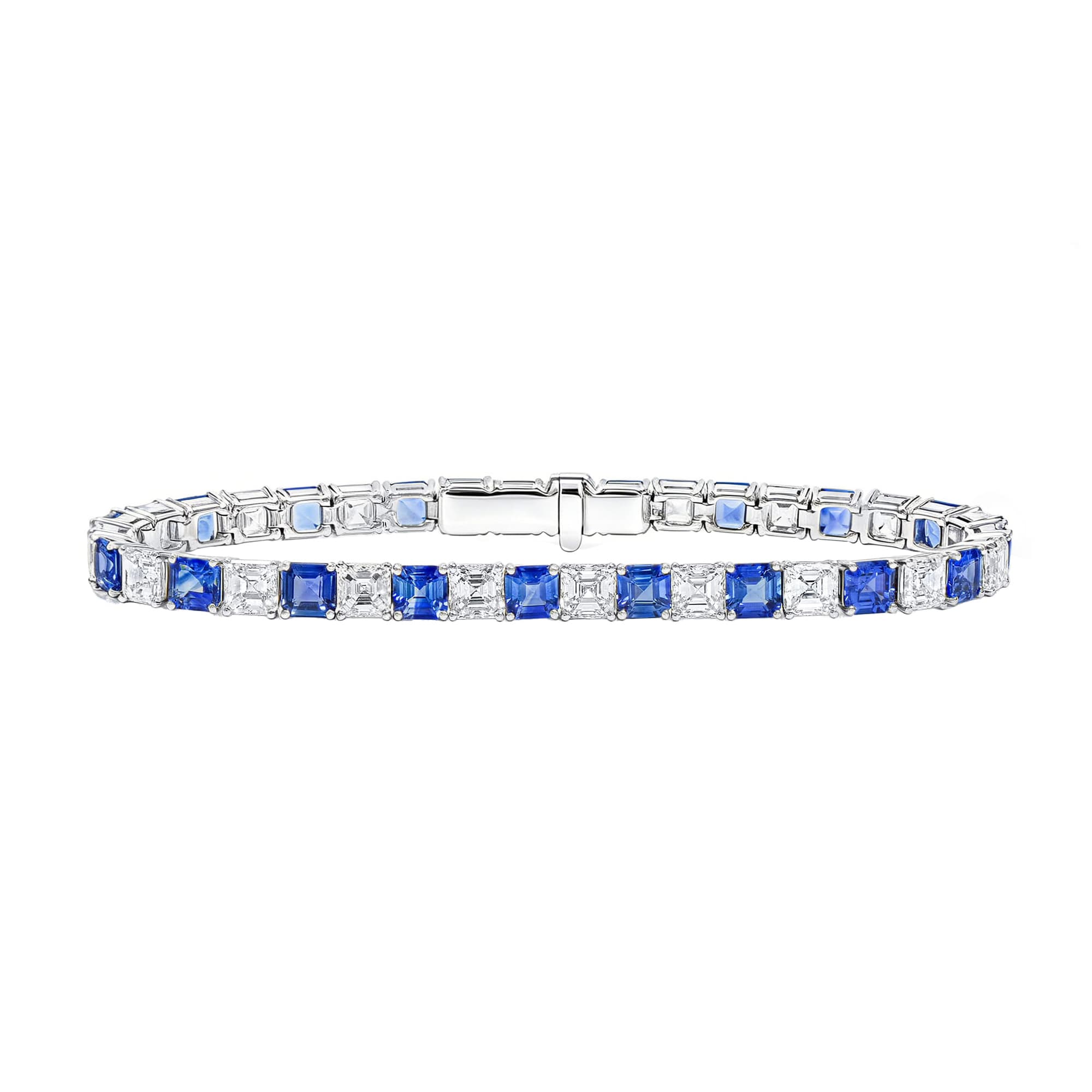 White Gold, 9.50ctw Sapphire and 9.78ctw Asscher Cut Diamond Tennis Bracelet