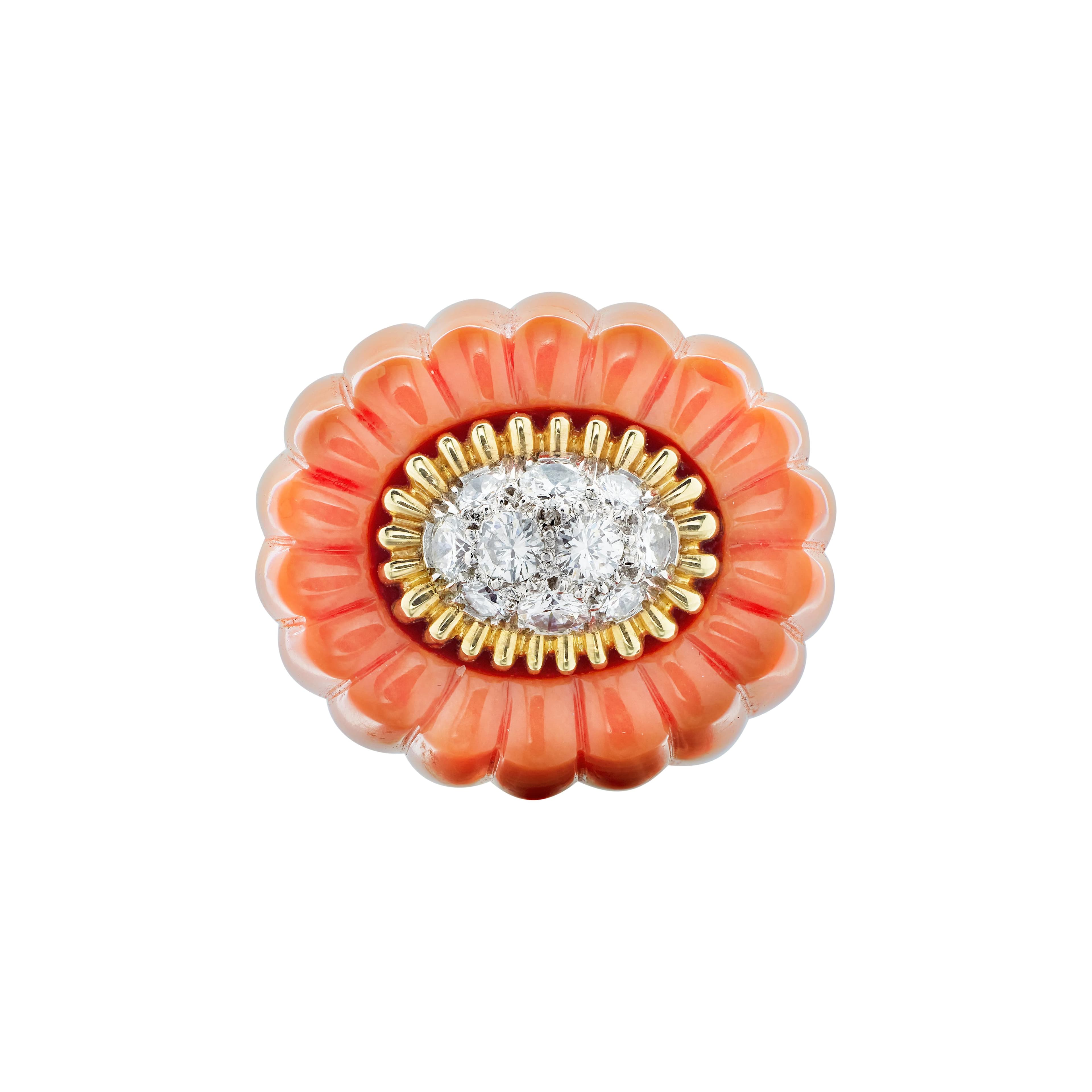 Gold, Platinum, Coral and Diamond Ring