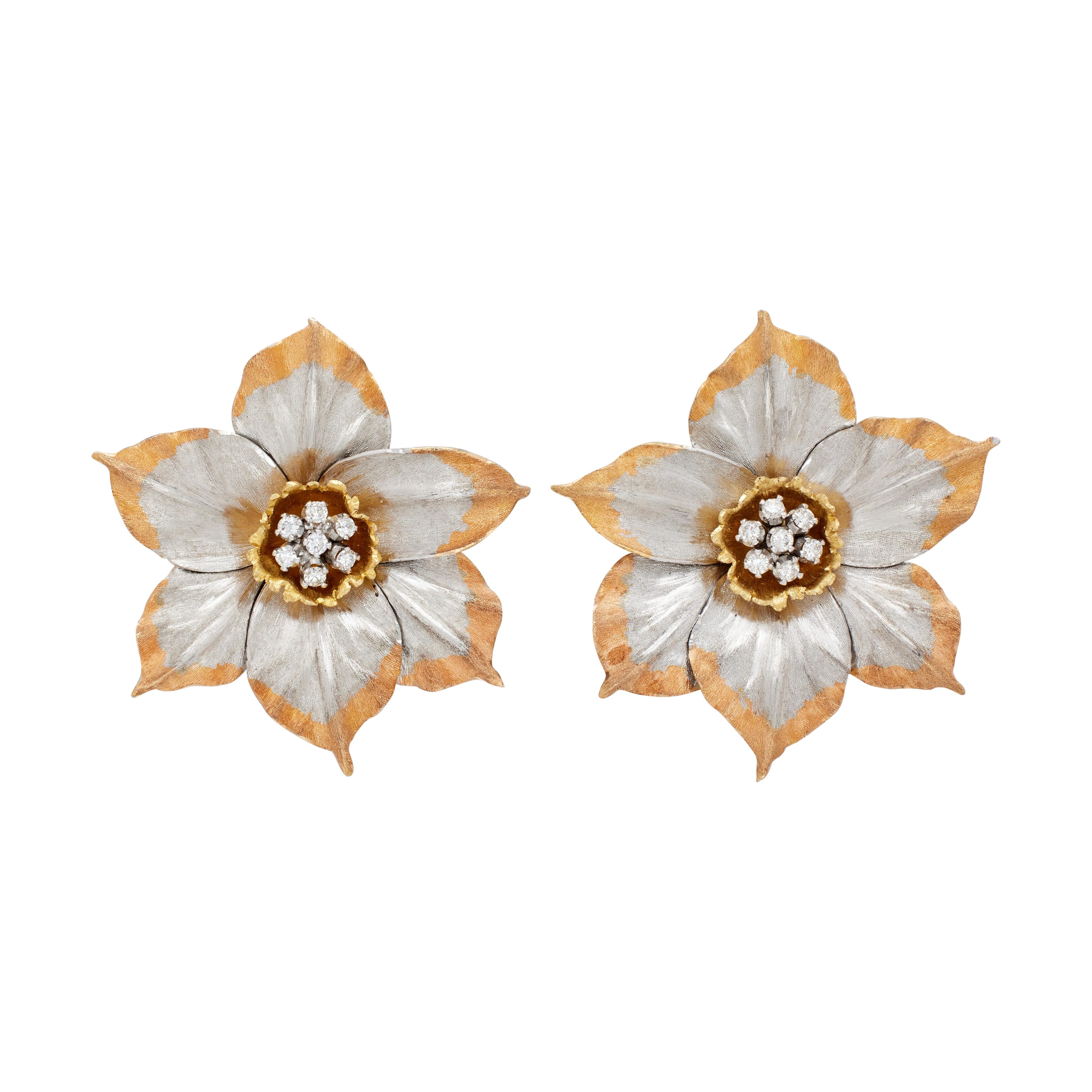 Vintage Gold, White Gold, Rose Gold and Diamond Flower Earclips
