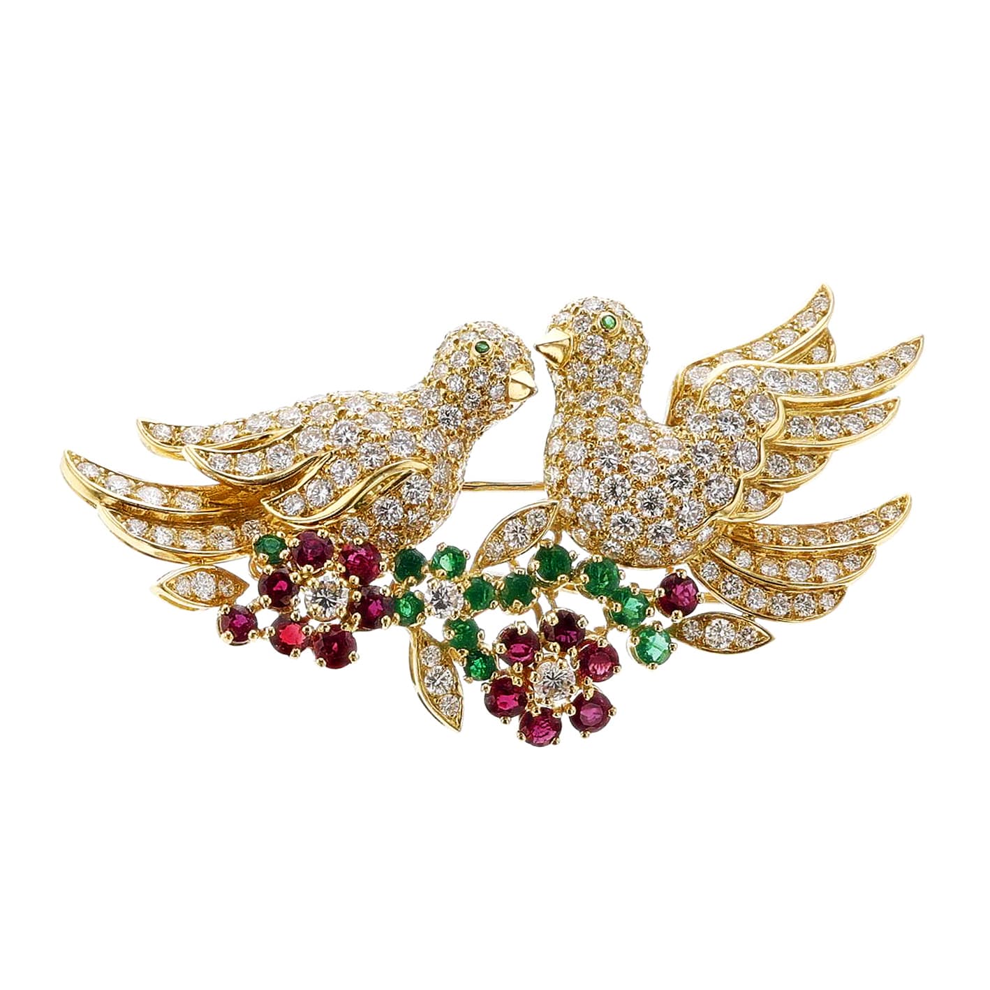 Gold, Ruby, Emerald and Diamond Love Birds Brooch