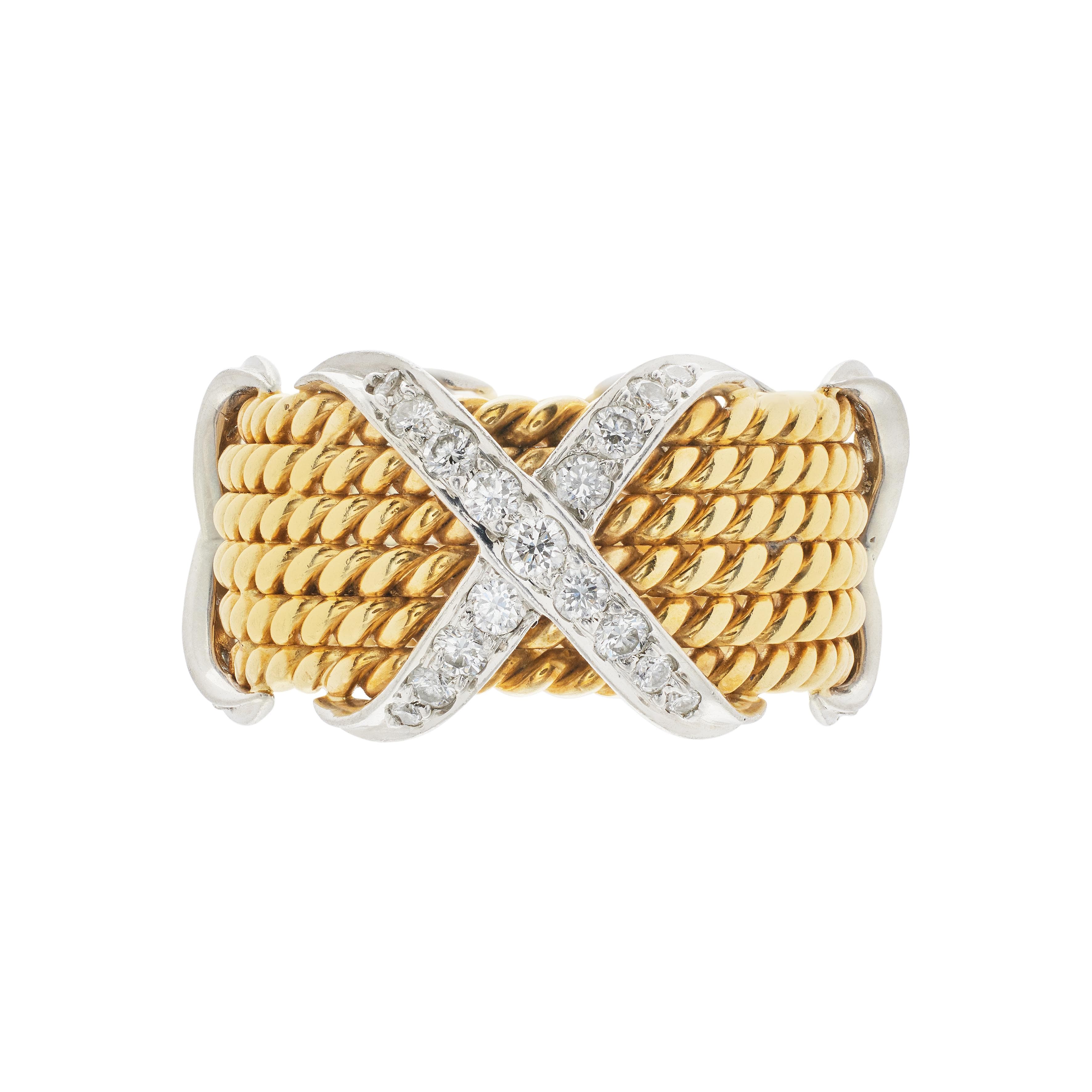 Gold, Platinum and Diamond Rope Six Row X Band Ring